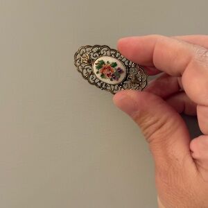 Vintage Made in Austria Petit Point Floral Brooch Ornate Filigree Pin 1940s-1950